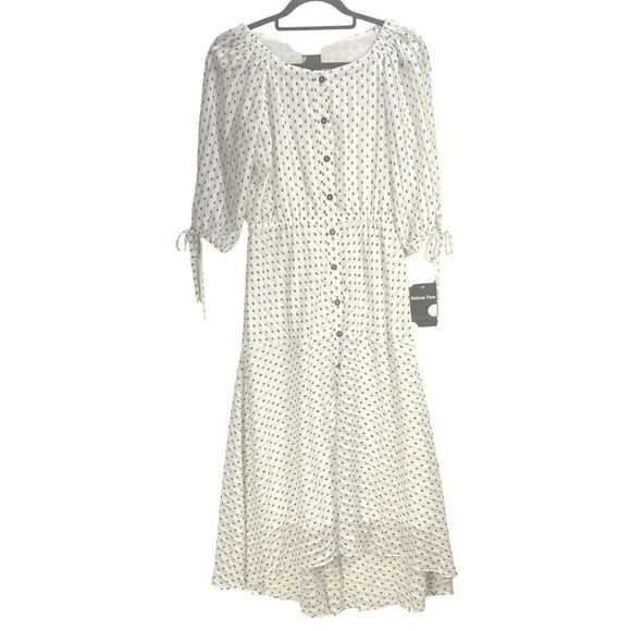 Maison Tara Wm’s Sz 4 White Blue Polka Dot Motif Jewel Neckline A Line Dress - Picture 1 of 7